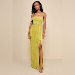 Lulus Poised Performance Chartreuse Plisse One-Shoulder Maxi Dress